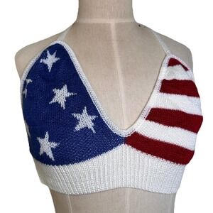 Charlotte Russe Crochet Halter Top Women's Sz XS USA Flag Tie Back Knit American
